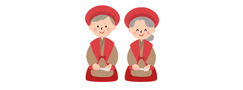 還暦祝い、赤いちゃんちゃんこを着た老夫婦のイラスト